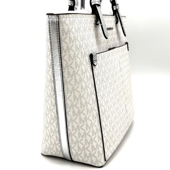 Michael Kors Jet Set Medium Logo Pocket Tote Bag Vanilla/Grey - Picture 4 of 13